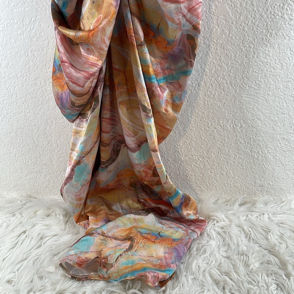 PRETTY LITTLE THING MARBLE PRINT SATIN RUCHED SKIRT CORSET DETAIL MIDI DRESS - Picture 8 of 14